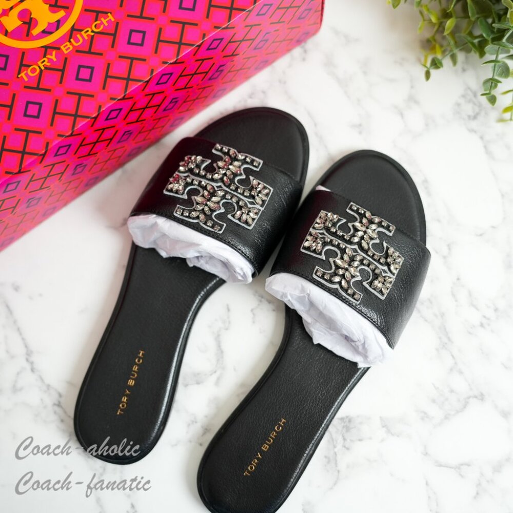 Tory Burch Black Leather Logo Jeweled Slide Sandals